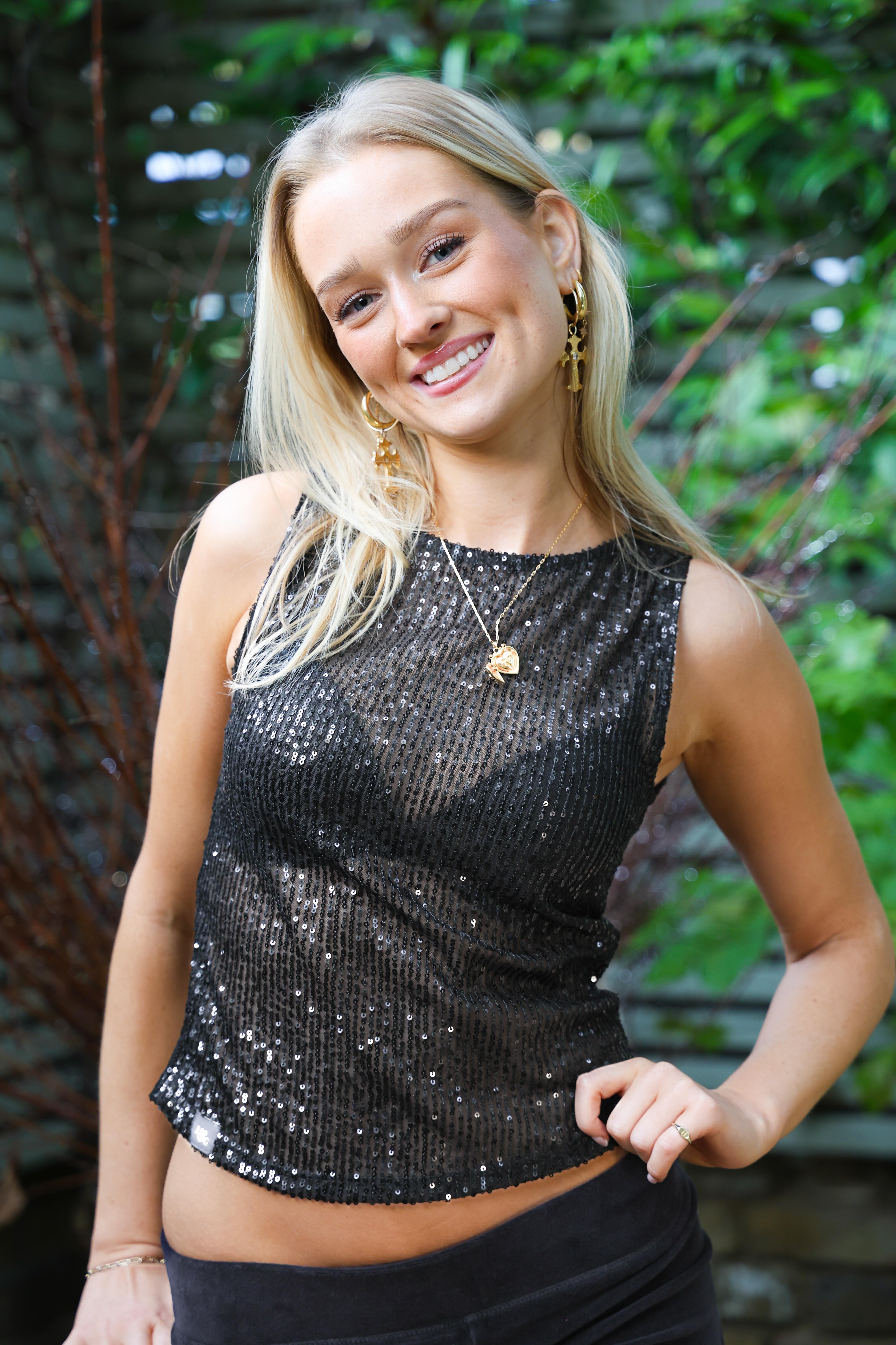 Black Sequin High-Neck Sheer Top