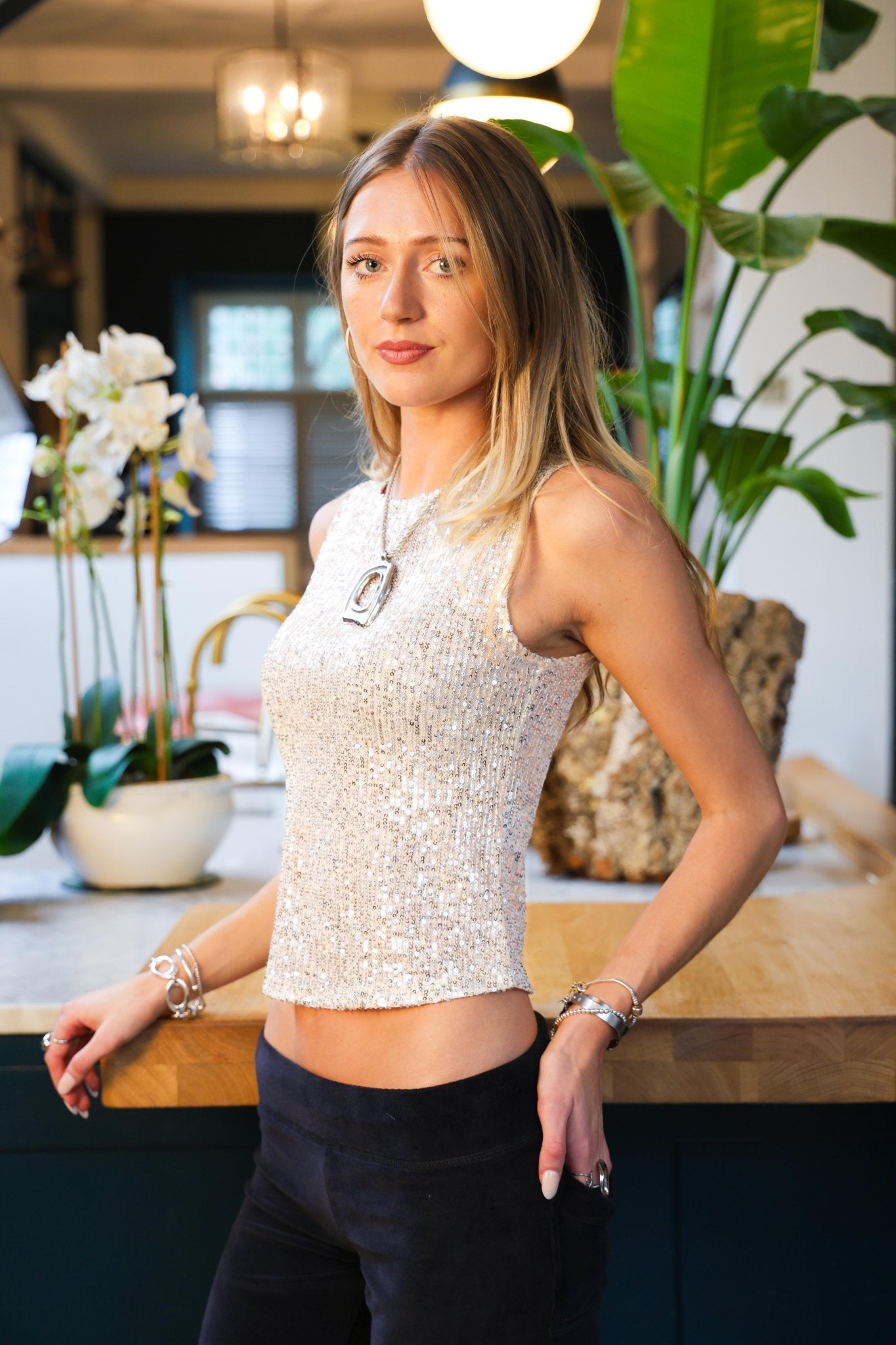 Champagne Sequin High - Neck Sheer Top - Babble & Goose