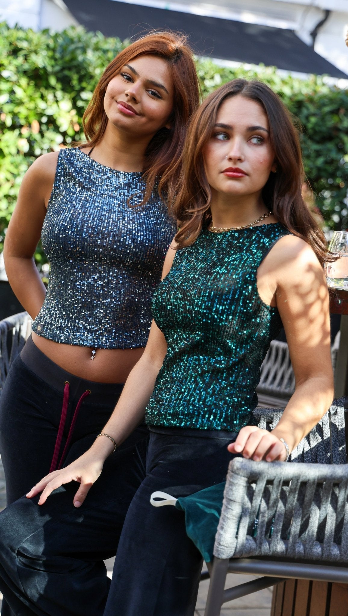Slate Blue & Grey Sequin High-Neck Sheer Top - Babble & Goose