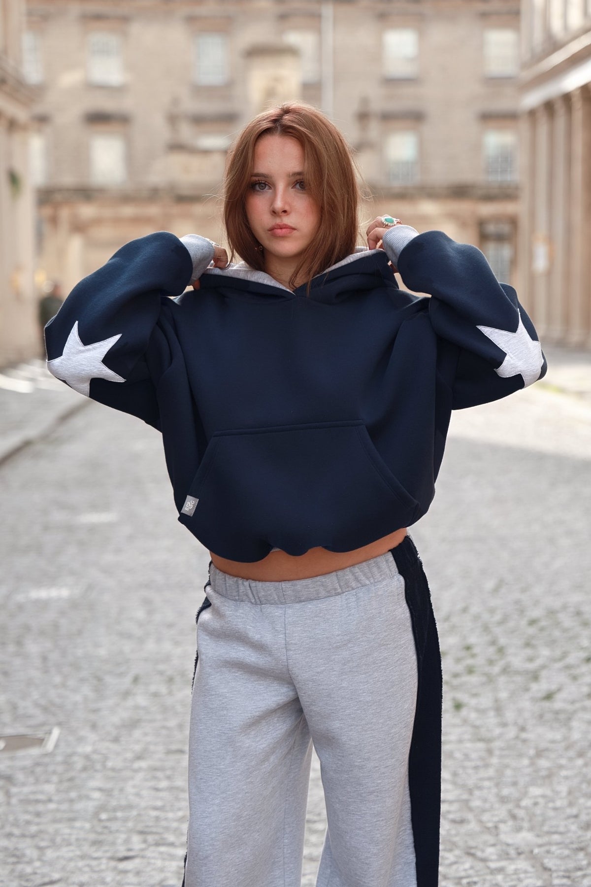 The Daisy Hoodie - Dark Navy & Light Grey Melange Jersey - Babble & Goose