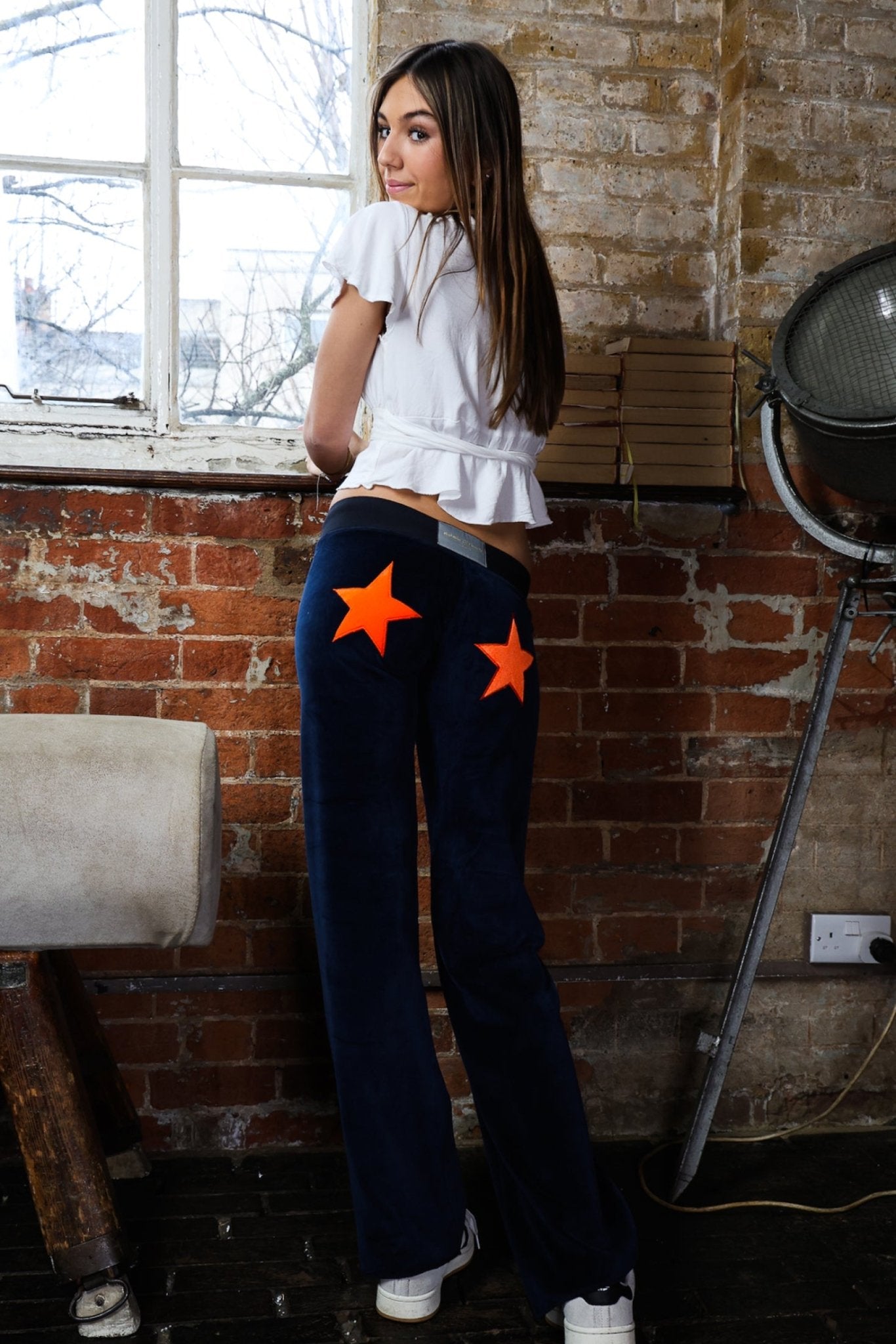 Velour Star Jogger Navy / Neon Orange - Babble & Goose